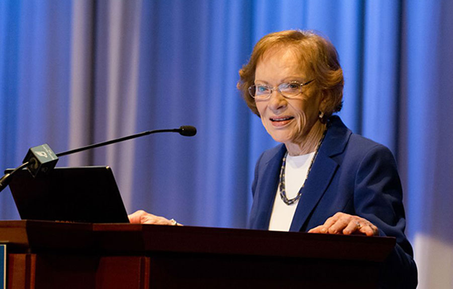 Former First Lady Rosalynn Carter talks to fellows at the Carter Center in Atlanta, Georgia.