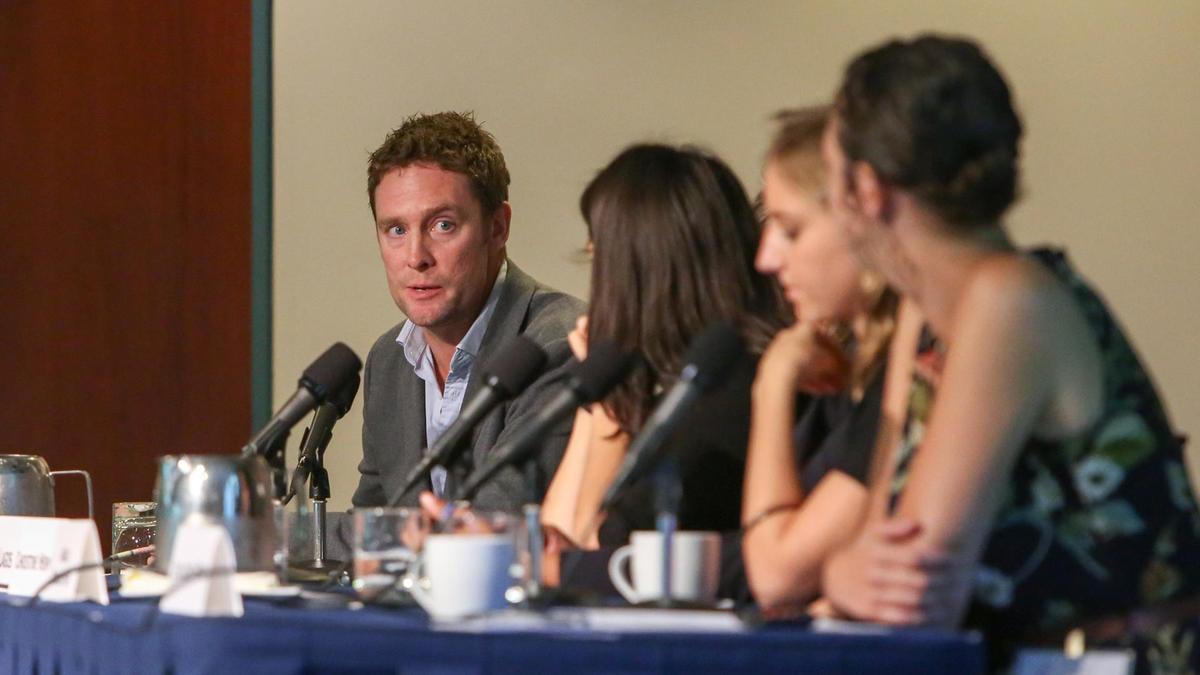 The National senior reporter Nick Webster, left, discusses his mental health reporting work at the Carter Center in Atlanta, Georgia.
