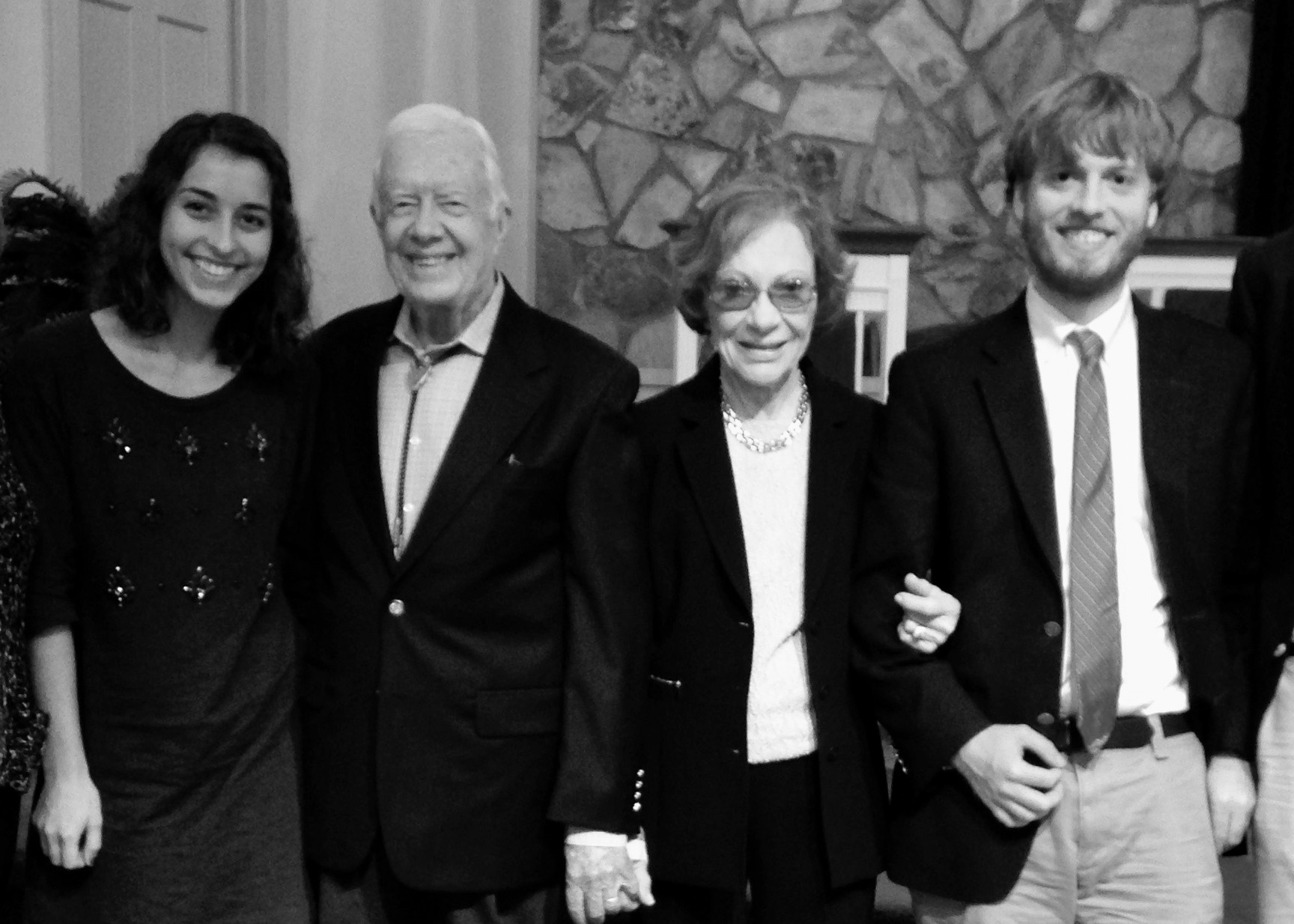 Mary Ottley (left) and her brother, Robbie (right), with President and Mrs. Carter 
after President Carter’s Sunday School class in Plains, GA in 2015.