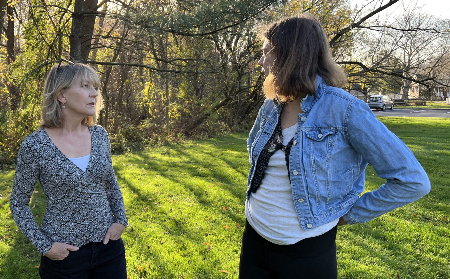 ©WITF: Martha Stringer, at left, talks with her daughter Kimberly Stringer, at right. The Stringers have filed a lawsuit against Bucks County Correctional Facility employees after Kimberly was pepper-sprayed and restrained while detained there while suffering from a mental health condition.