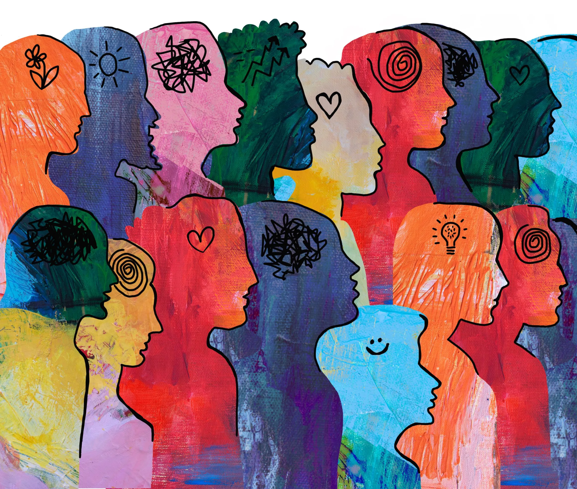 Artwork of many different, colorful silhouettes. Each have a symbol for an emotion (smiley face, heart, etc) on their head.