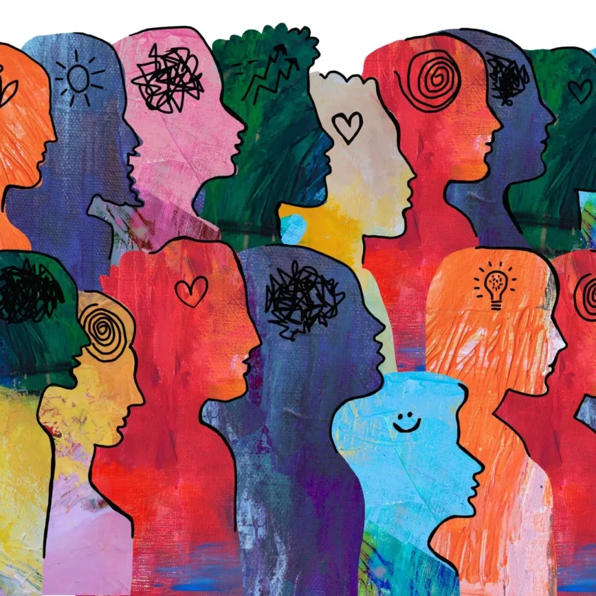 Artwork of many different, colorful silhouettes. Each have a symbol for an emotion (smiley face, heart, etc) on their head.