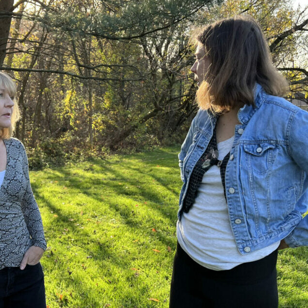 ©WITF: Martha Stringer, at left, talks with her daughter Kimberly Stringer, at right. The Stringers have filed a lawsuit against Bucks County Correctional Facility employees after Kimberly was pepper-sprayed and restrained while detained there while suffering from a mental health condition.