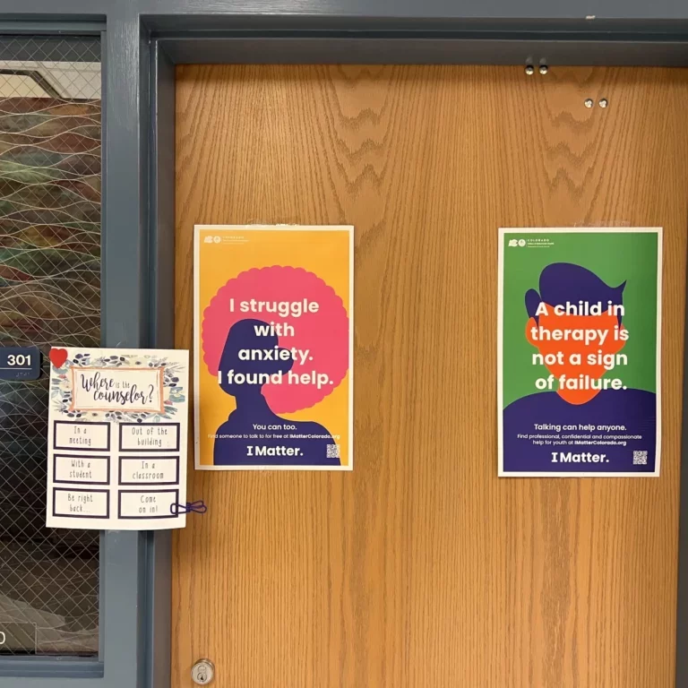 Posters for I Matter, the state's free student therapy program hang in Fort Collins High School. The initiative was launched in 2021, in response to a significant increase in youth mental health needs in Colorado.  ©Leigh Paterson/KUNC