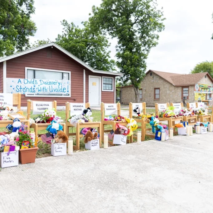 ©Sipa USA/Joshua Guerra/Sipa USA via Reuters.: Twenty one chairs, flags and crosses are displayed in front of local businesses on May 30, 2022, in Uvalde. They each honor the 19 students and two teachers killed in a mass shooting at Robb Elementary School in Uvalde.