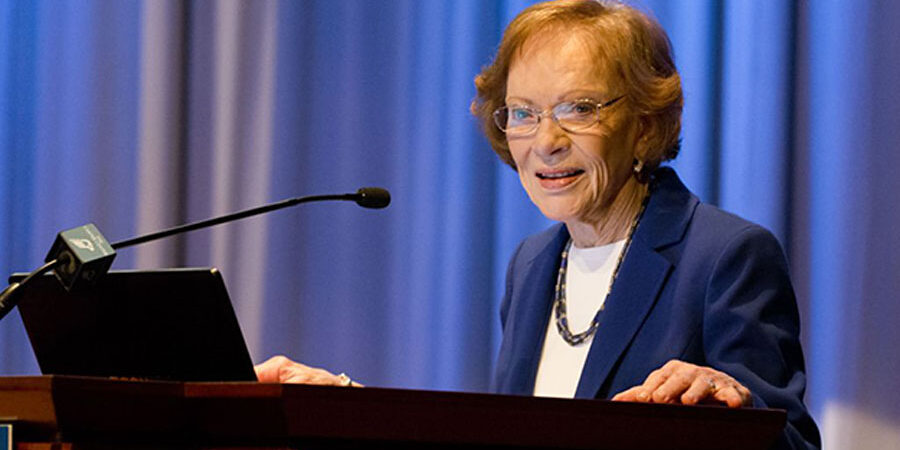 Former First Lady Rosalynn Carter talks to fellows at the Carter Center in Atlanta, Georgia.